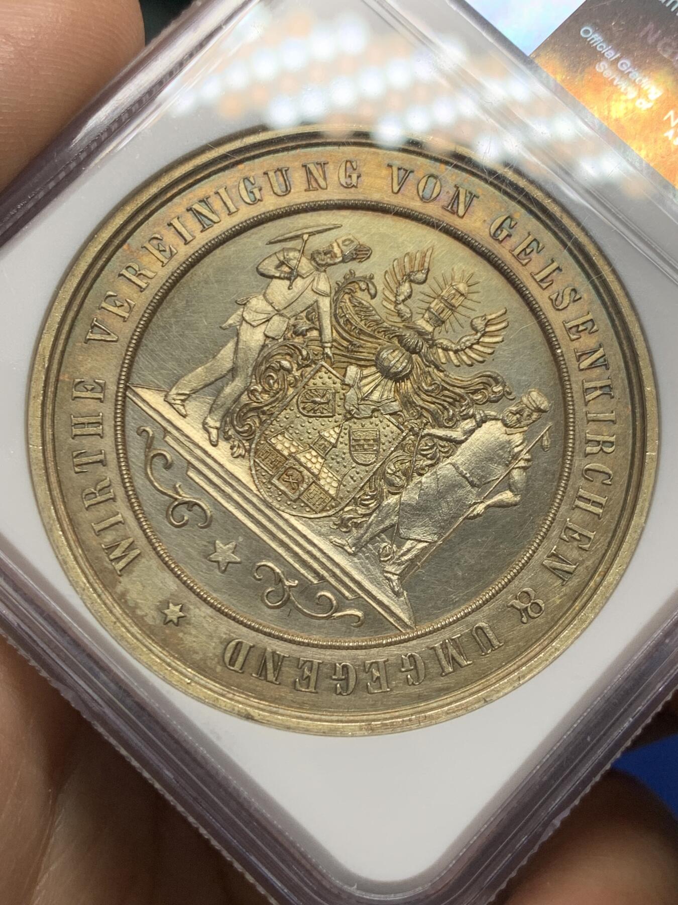 《竞宝斋》第377场 周日，周一 2场连拍 （全场包邮） NGC UNC 德国1900年盖尔森基兴采矿与金属加工协会纪念镀金银章