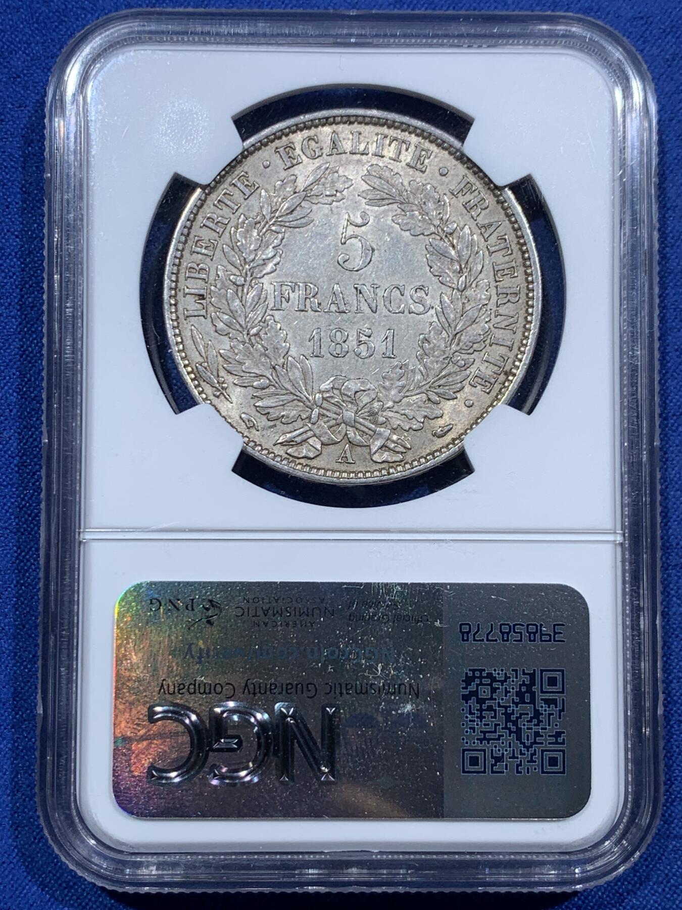 《竞宝斋》第377场 周日，周一 2场连拍 （全场包邮） NGC MS62 法国1851年二共谏言版谷物女神5法郎大银 包浆均匀漂亮