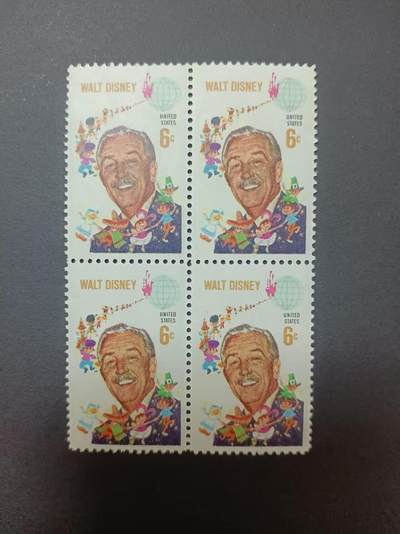 0拍押金0邮     美国上世纪60年代单枚套票 1968.9.11 ，制片人、漫画家米老鼠创始者沃尔特·迪斯尼，纪念邮票，单枚成套，四方联，全新