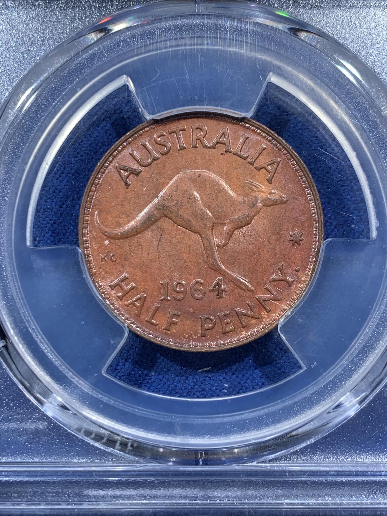 《竞宝斋》第377场 周日，周一 2场连拍 （全场包邮） 两枚一组 PCGS MS62BN/UNCD 澳大利亚1964半便士+1963一便士 袋鼠铜币 深打美品 严评状态