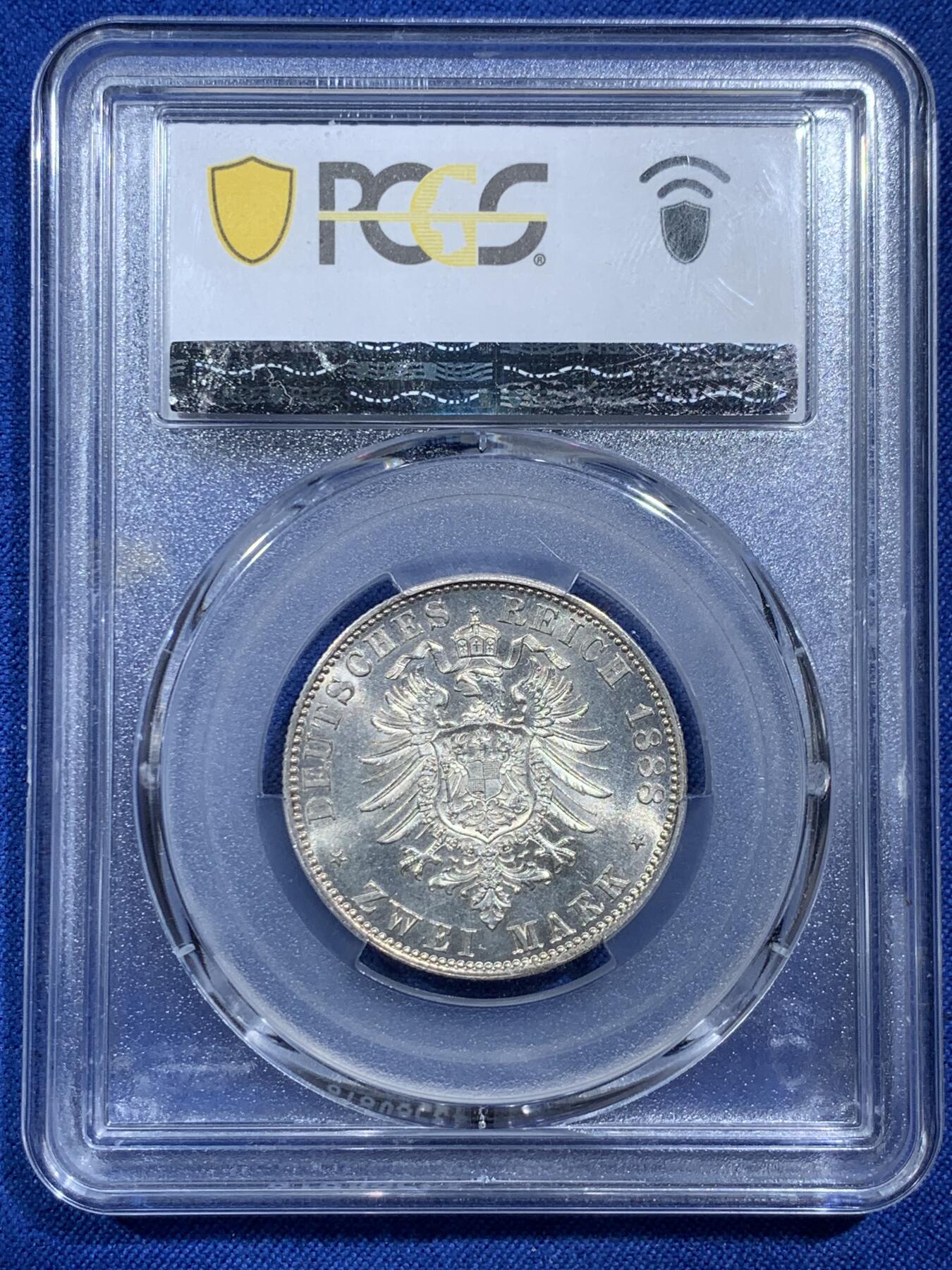 《竞宝斋》第377场 周日，周一 2场连拍 （全场包邮） PCGS MS63 德国普鲁士1888年 三皇之年弗里德里希三世 短翅鹰2马克银币 低评