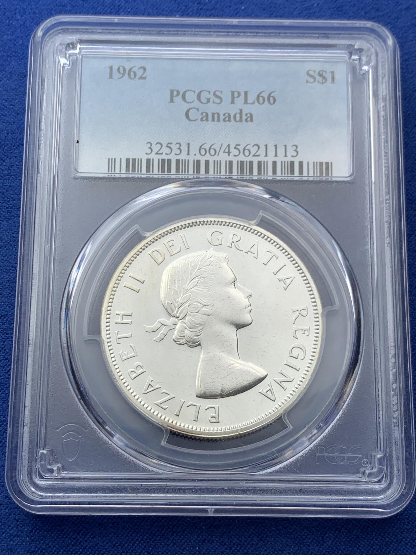 《竞宝斋》第377场 周日，周一 2场连拍 （全场包邮） PCGS PL66 加拿大1962年 1元类精致银币 经典划船