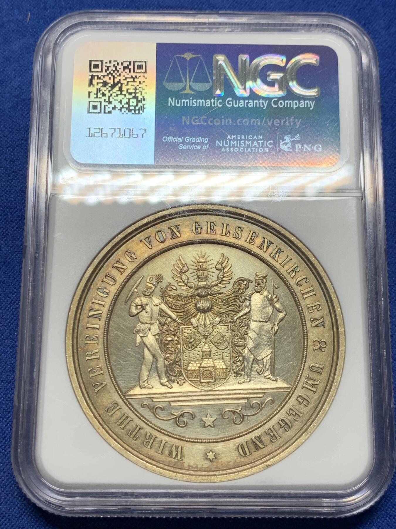 《竞宝斋》第377场 周日，周一 2场连拍 （全场包邮） NGC UNC 德国1900年盖尔森基兴采矿与金属加工协会纪念镀金银章