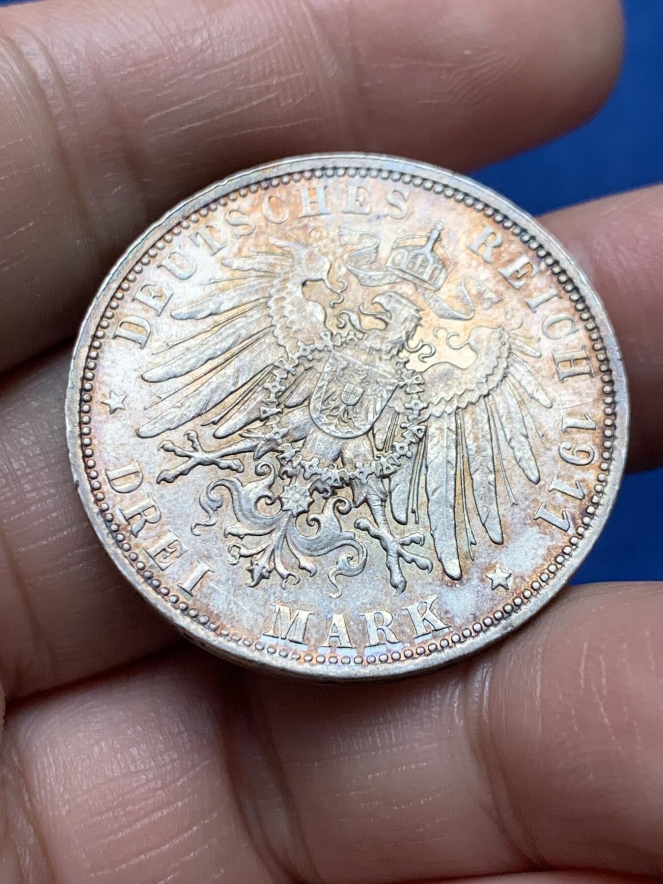 《竞宝斋》第377场 周日，周一 2场连拍 （全场包邮） 德国1911年巴伐利亚摄政王90周年3马克银币