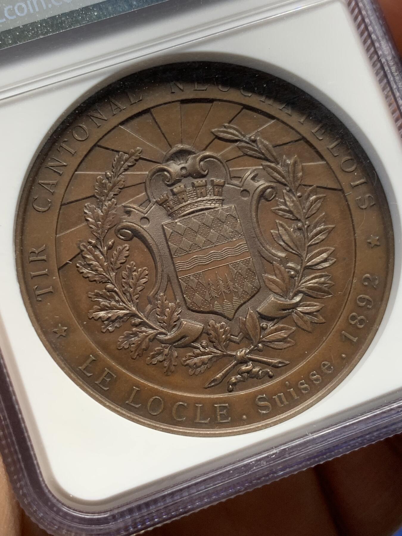 《竞宝斋》第377场 周日，周一 2场连拍 （全场包邮） NGC MS63BN 瑞士1892纳沙泰尔勒洛克射击节铜章 45mm 加厚盒