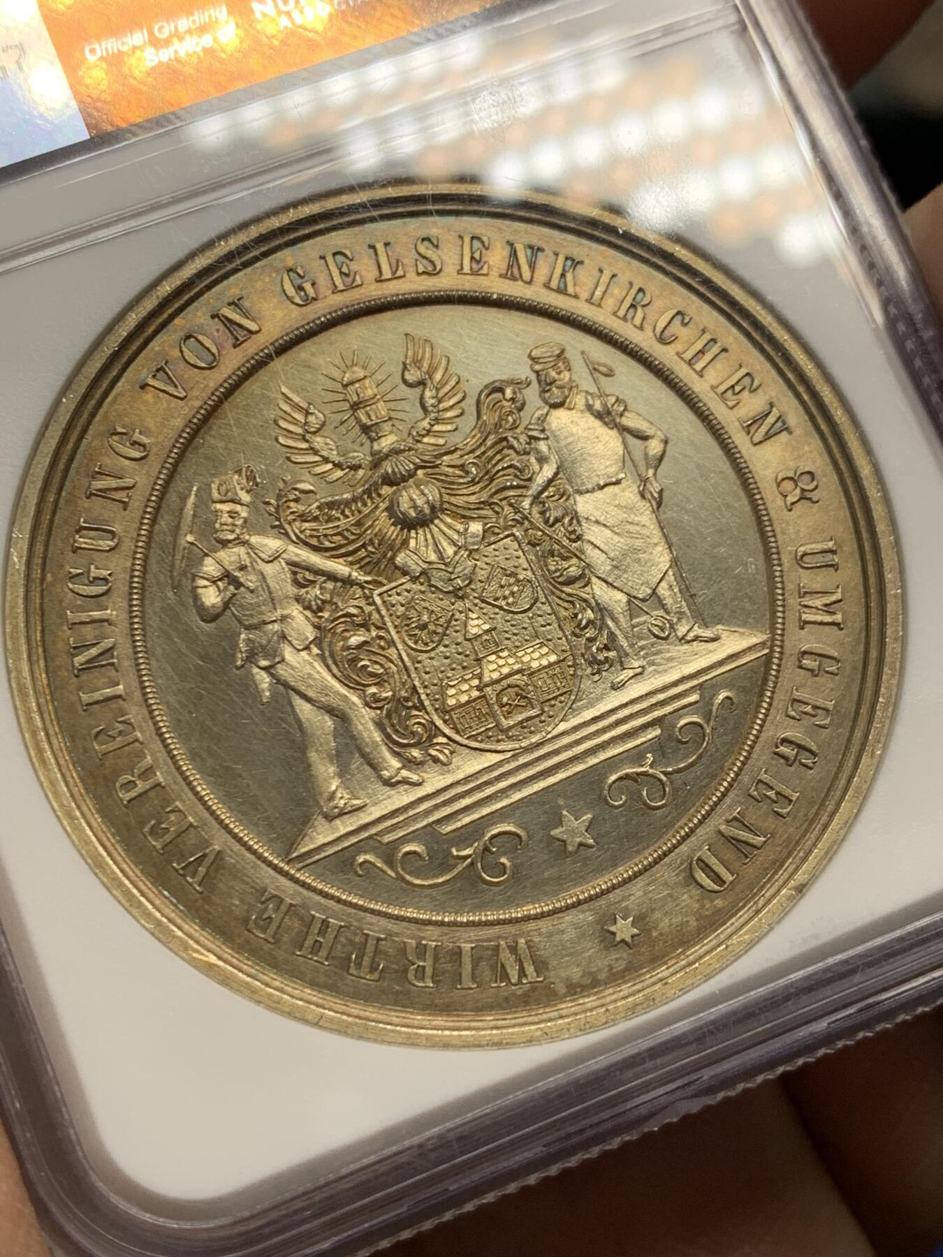 《竞宝斋》第377场 周日，周一 2场连拍 （全场包邮） NGC UNC 德国1900年盖尔森基兴采矿与金属加工协会纪念镀金银章