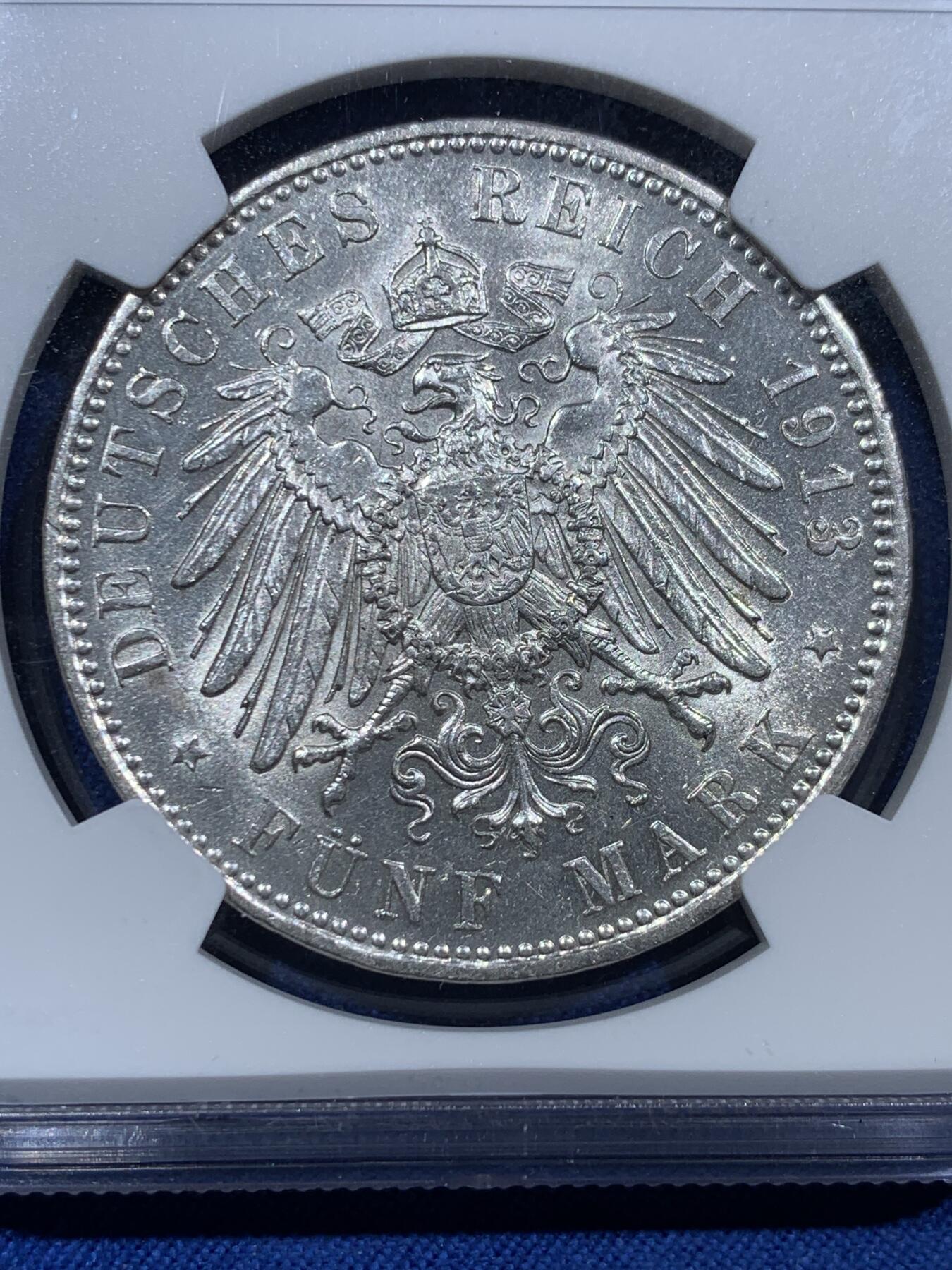 《竞宝斋》第377场 周日，周一 2场连拍 （全场包邮） NGC MS62 德国巴伐利亚1913年奥托5马克银币 原光品相，流通版好品少