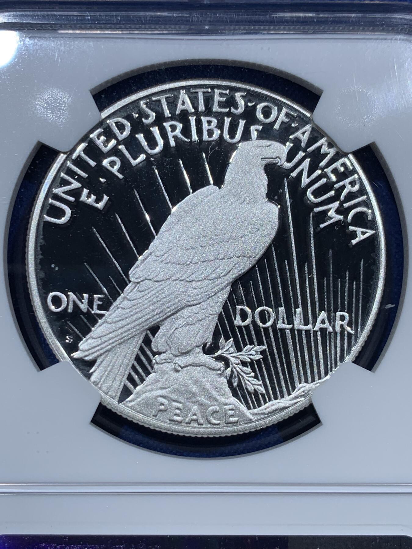 《竞宝斋》第377场 周日，周一 2场连拍 （全场包邮） NGC PF70UC 美国2023年和平银元1美元精制纪念银币，PROOF精制币，高浮雕设计，币面清爽干净又漂亮，打制精美，状态一流，冠军分。