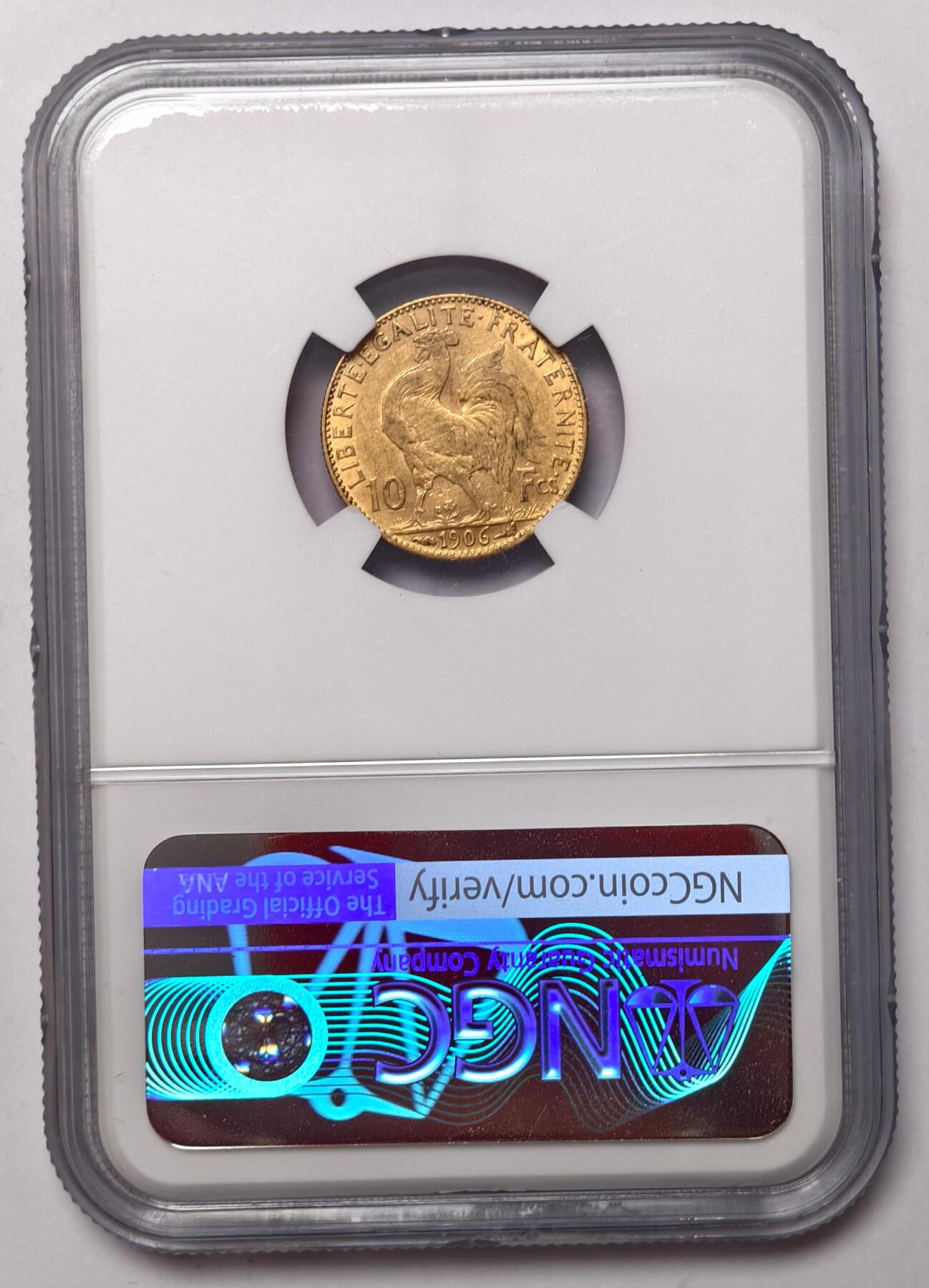紫瑗钱币——第540期 法国 1906年 玛丽安娜 公鸡 10法郎 3.2258克 0.9金 NGC AU55
