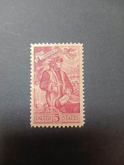 0拍押金0邮     美国上世纪60年代单枚套票 1965.7.17 ，意大利诗人但丁﹒阿利吉耶里诞生700周年，纪念邮票，单枚成套，全新