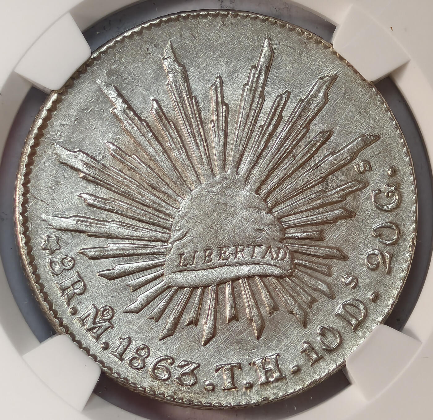 紫瑗钱币——第545期 墨西哥 1863年 MO TH 在华流通 花边鹰洋 8里亚尔 银币 NGC AU DETAILS