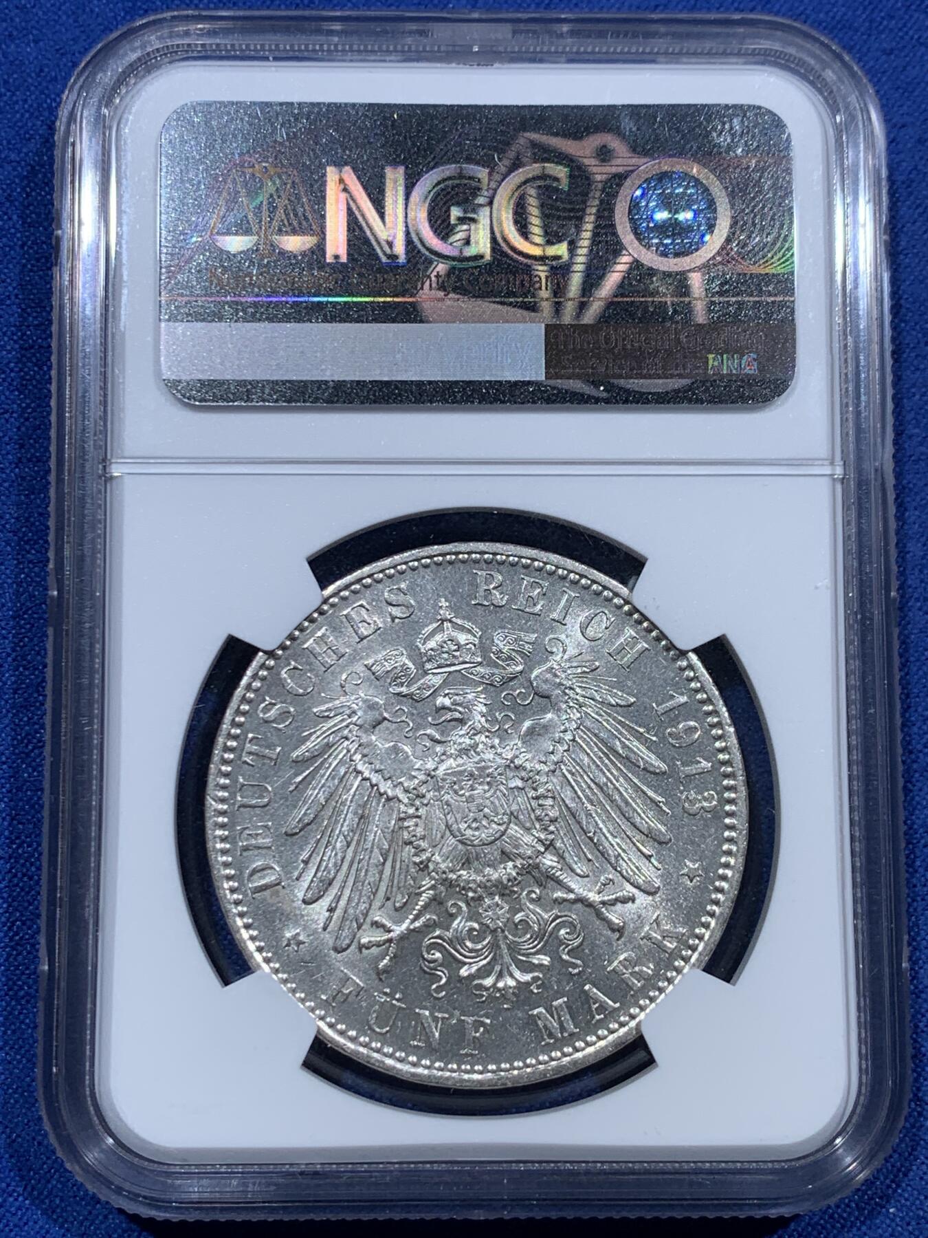 《竞宝斋》第377场 周日，周一 2场连拍 （全场包邮） NGC MS62 德国巴伐利亚1913年奥托5马克银币 原光品相，流通版好品少