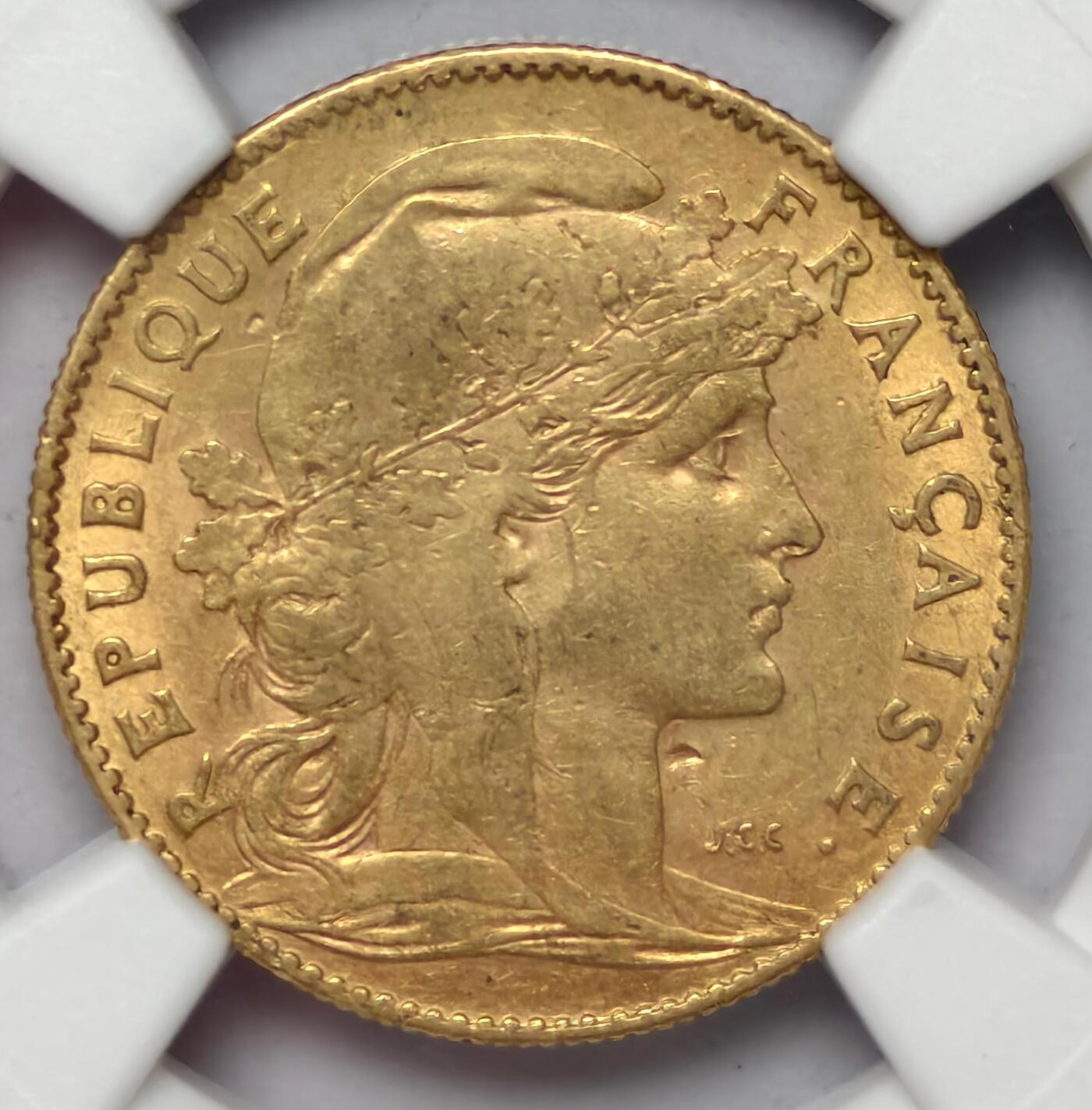 紫瑗钱币——第540期 法国 1906年 玛丽安娜 公鸡 10法郎 3.2258克 0.9金 NGC AU55