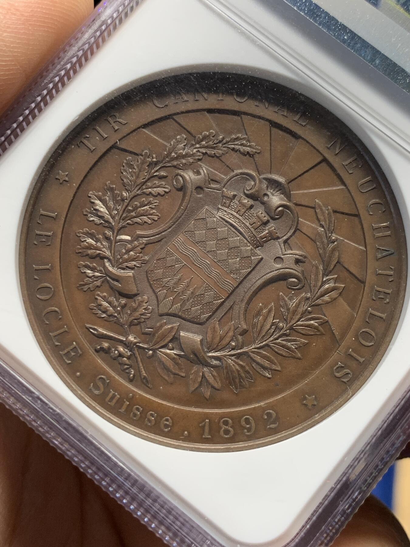 《竞宝斋》第377场 周日，周一 2场连拍 （全场包邮） NGC MS63BN 瑞士1892纳沙泰尔勒洛克射击节铜章 45mm 加厚盒