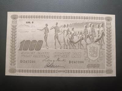2025五月第二拍（假期连拍第二场，5.5集中发货） - 芬兰1945版1000马克流通好品XF，大票幅最大面值，象征芬兰民族起源的意象画和国徽