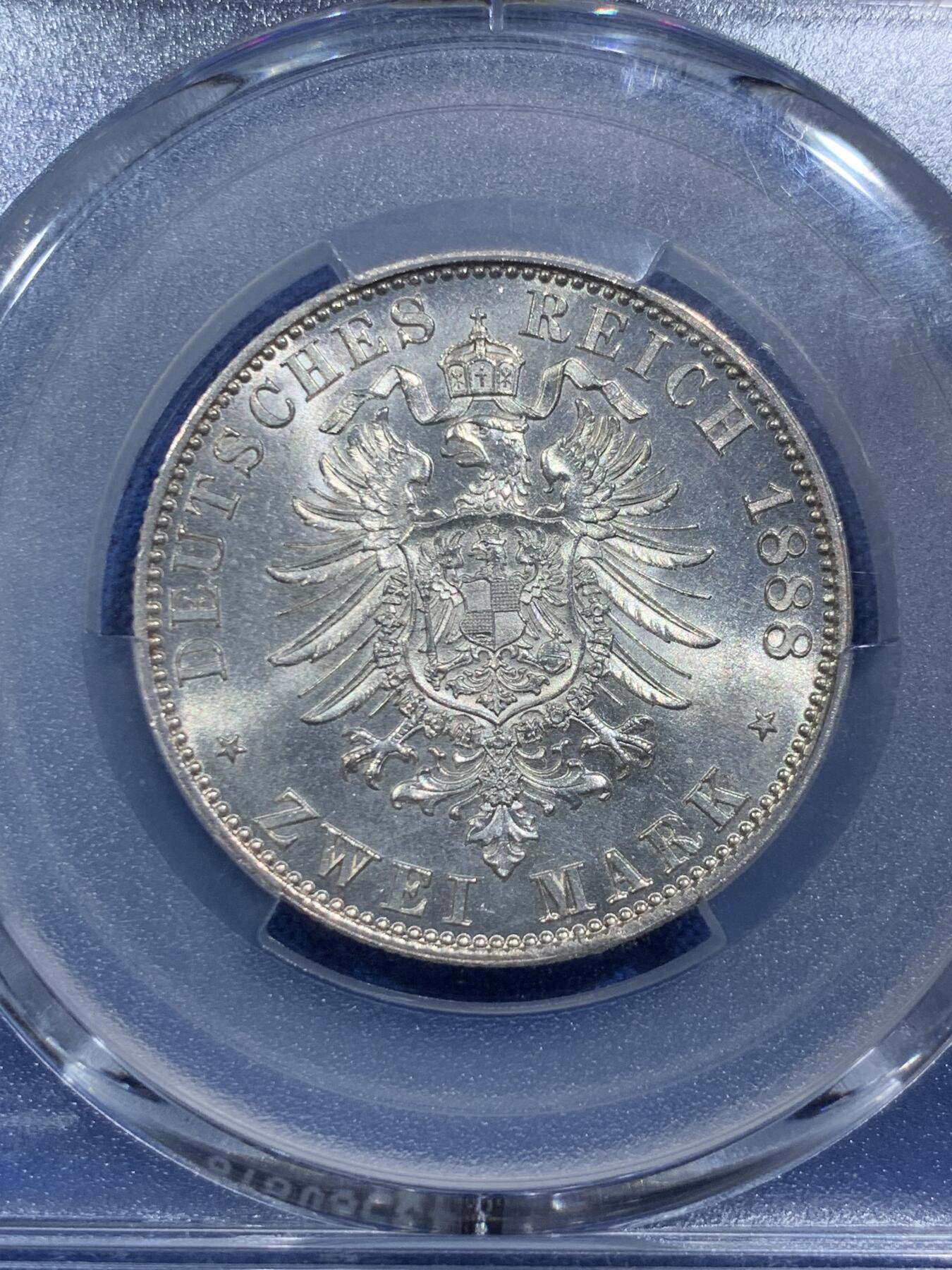 《竞宝斋》第377场 周日，周一 2场连拍 （全场包邮） PCGS MS63 德国普鲁士1888年 三皇之年弗里德里希三世 短翅鹰2马克银币 低评