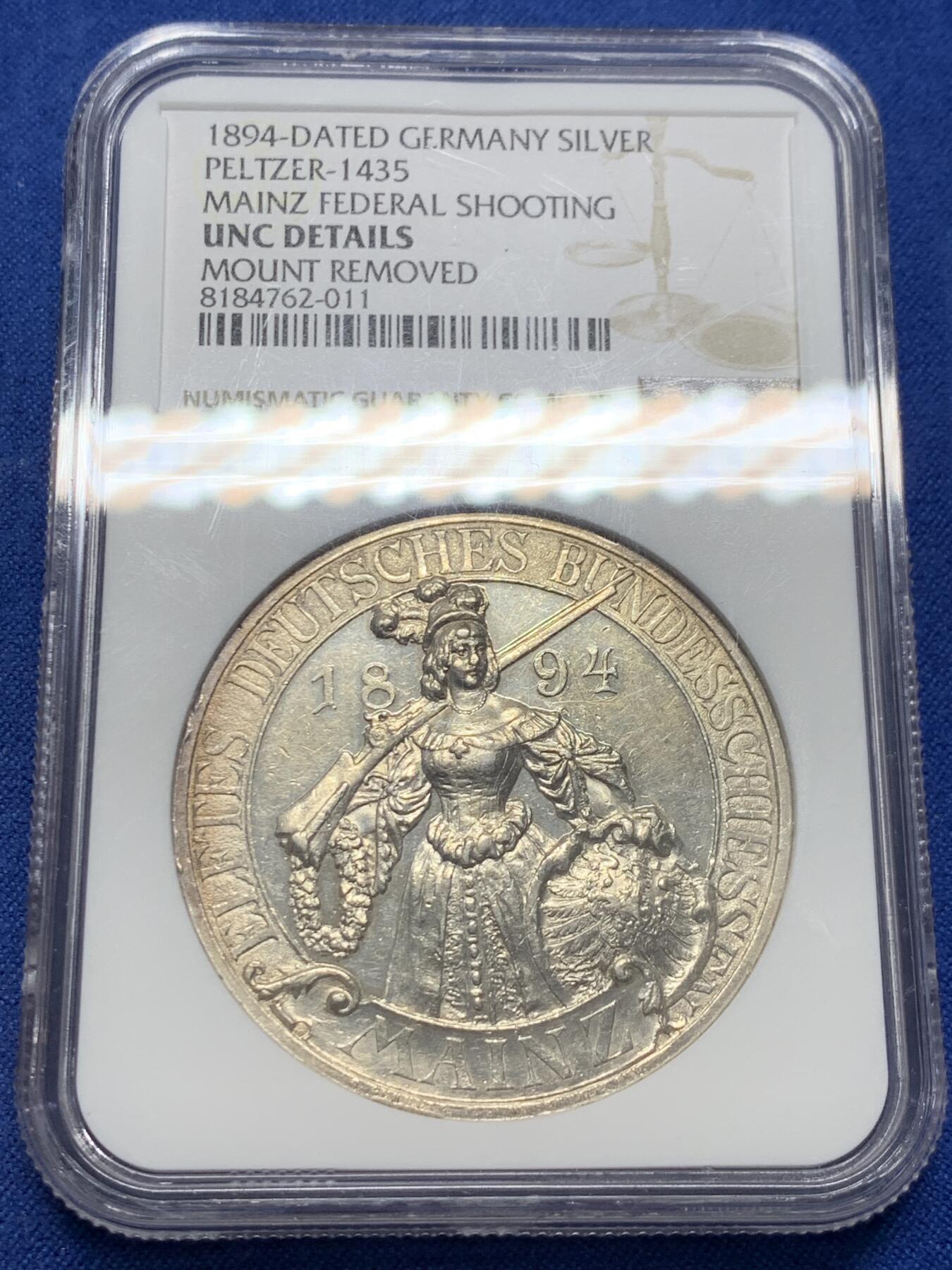 《竞宝斋》第377场 周日，周一 2场连拍 （全场包邮） NGC UNC 德国1894年美因茨射击节纪念银章
