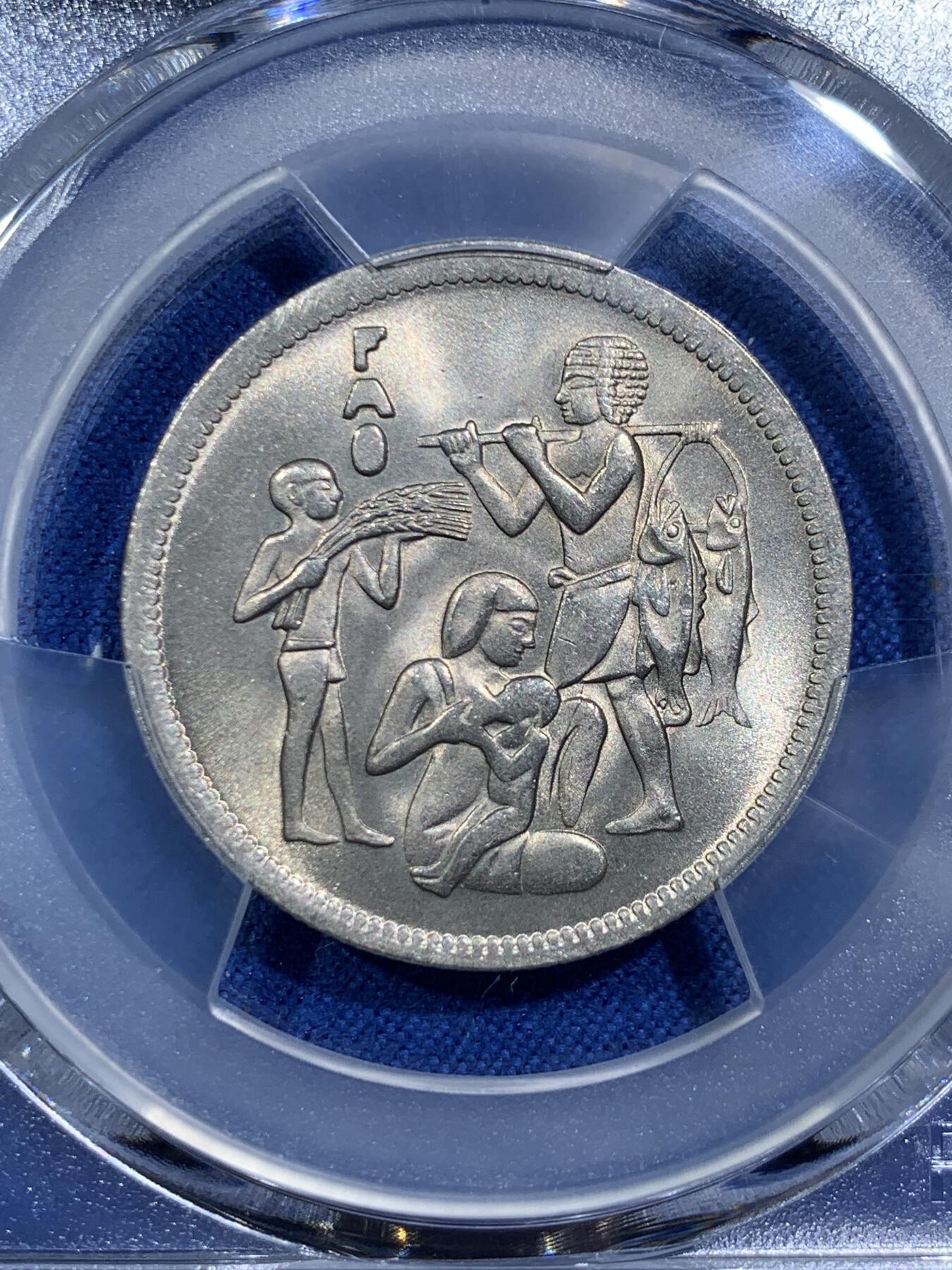 《竞宝斋》第377场 周日，周一 2场连拍 （全场包邮） PCGS MS66 卷拆高分 1975埃及10皮阿斯特 FAO纪念币 图案非常有特色 品相也非常好 两面都是出厂原光 可藏