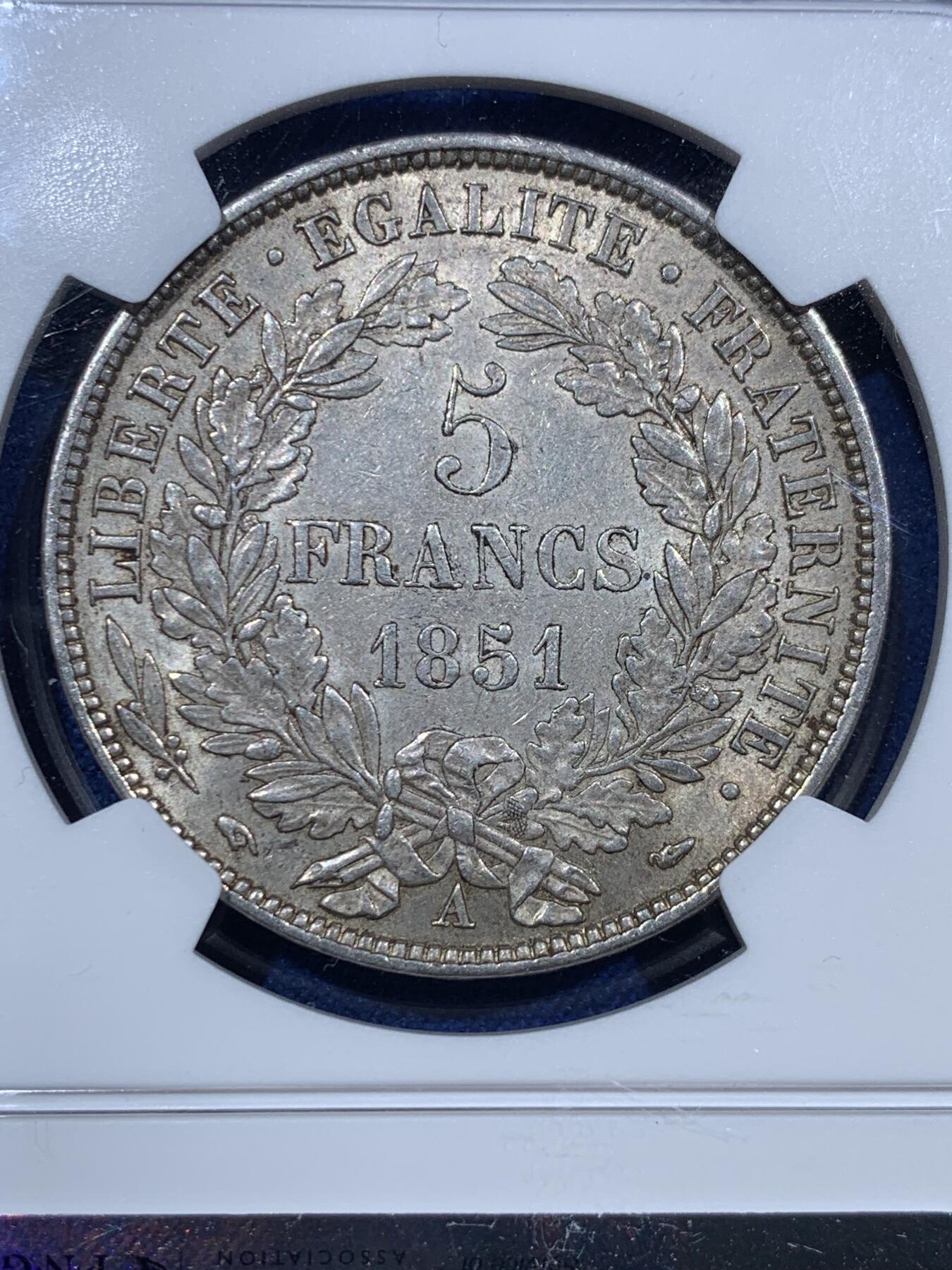 《竞宝斋》第377场 周日，周一 2场连拍 （全场包邮） NGC MS62 法国1851年二共谏言版谷物女神5法郎大银 包浆均匀漂亮