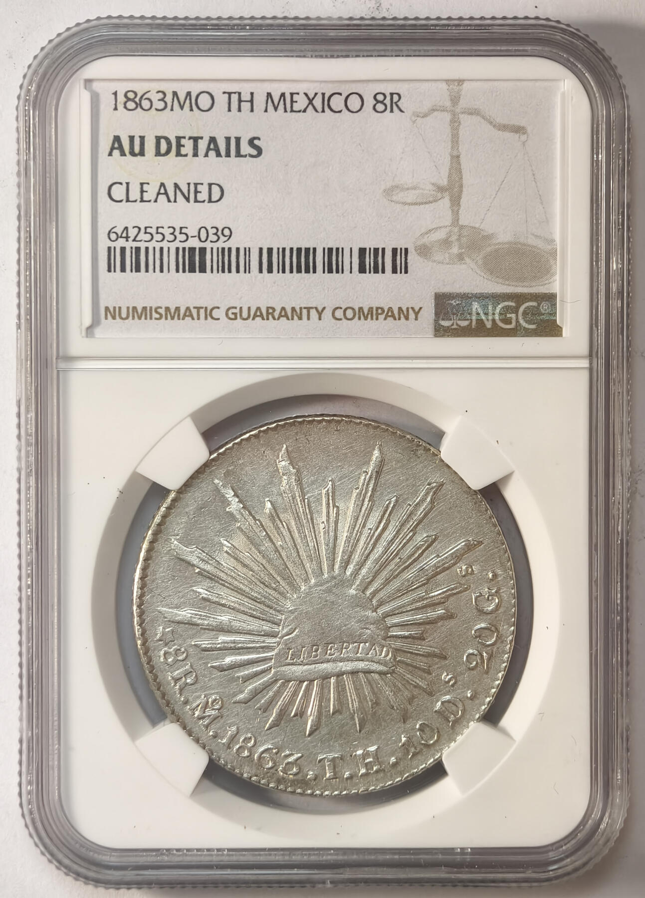 紫瑗钱币——第545期 墨西哥 1863年 MO TH 在华流通 花边鹰洋 8里亚尔 银币 NGC AU DETAILS