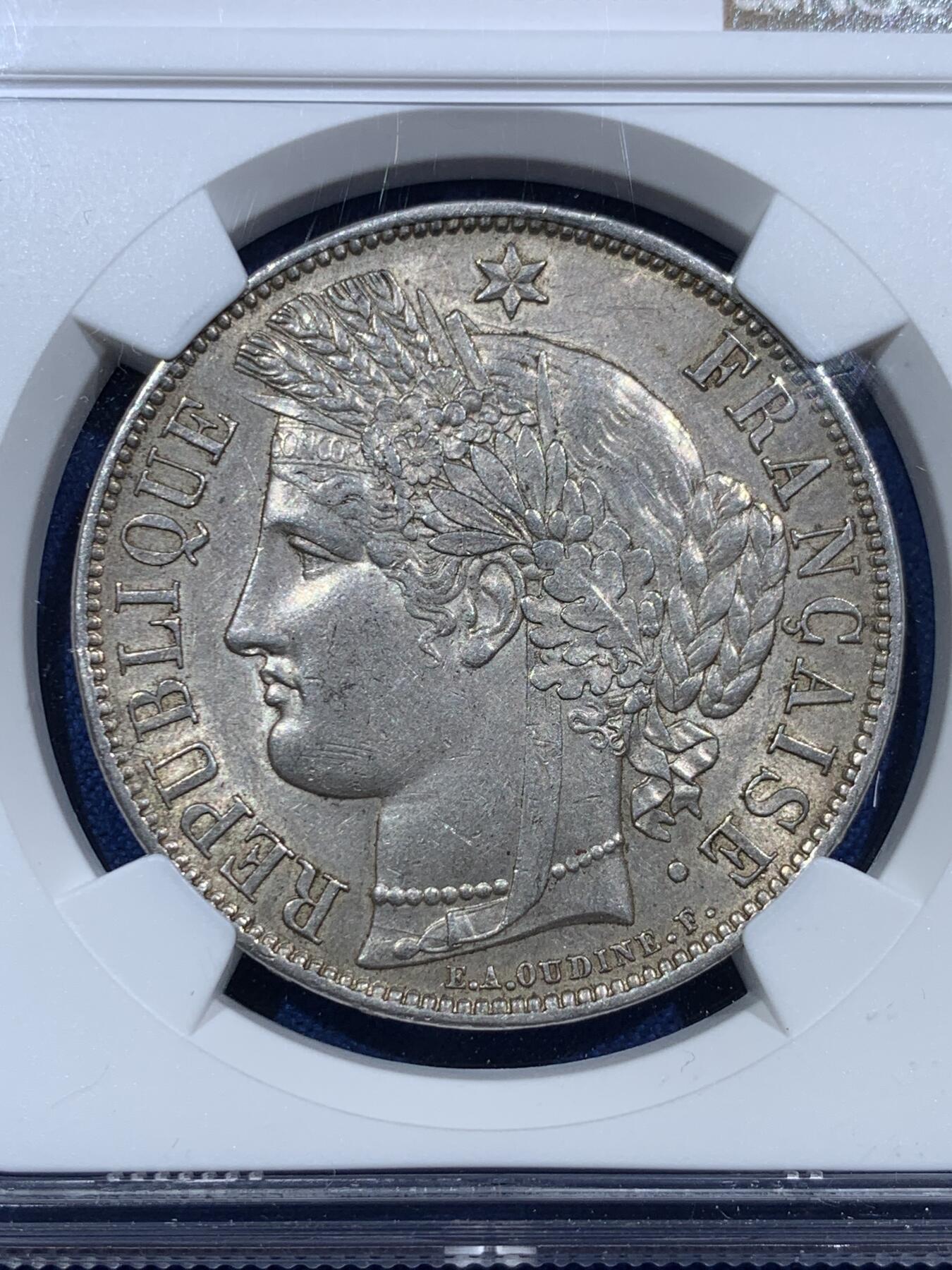 《竞宝斋》第377场 周日，周一 2场连拍 （全场包邮） NGC MS62 法国1851年二共谏言版谷物女神5法郎大银 包浆均匀漂亮