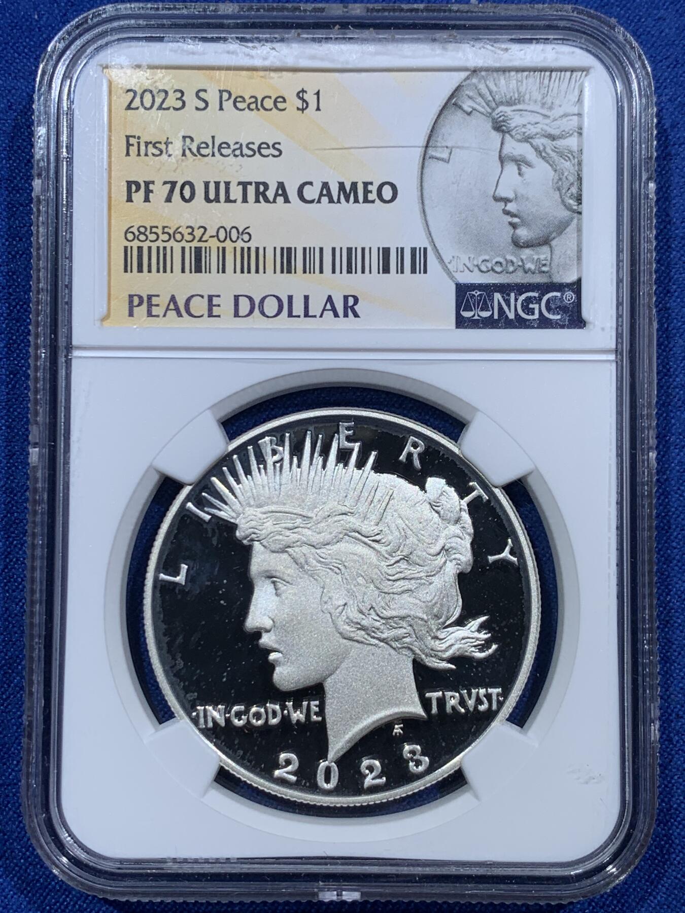 《竞宝斋》第377场 周日，周一 2场连拍 （全场包邮） NGC PF70UC 美国2023年和平银元1美元精制纪念银币，PROOF精制币，高浮雕设计，币面清爽干净又漂亮，打制精美，状态一流，冠军分。