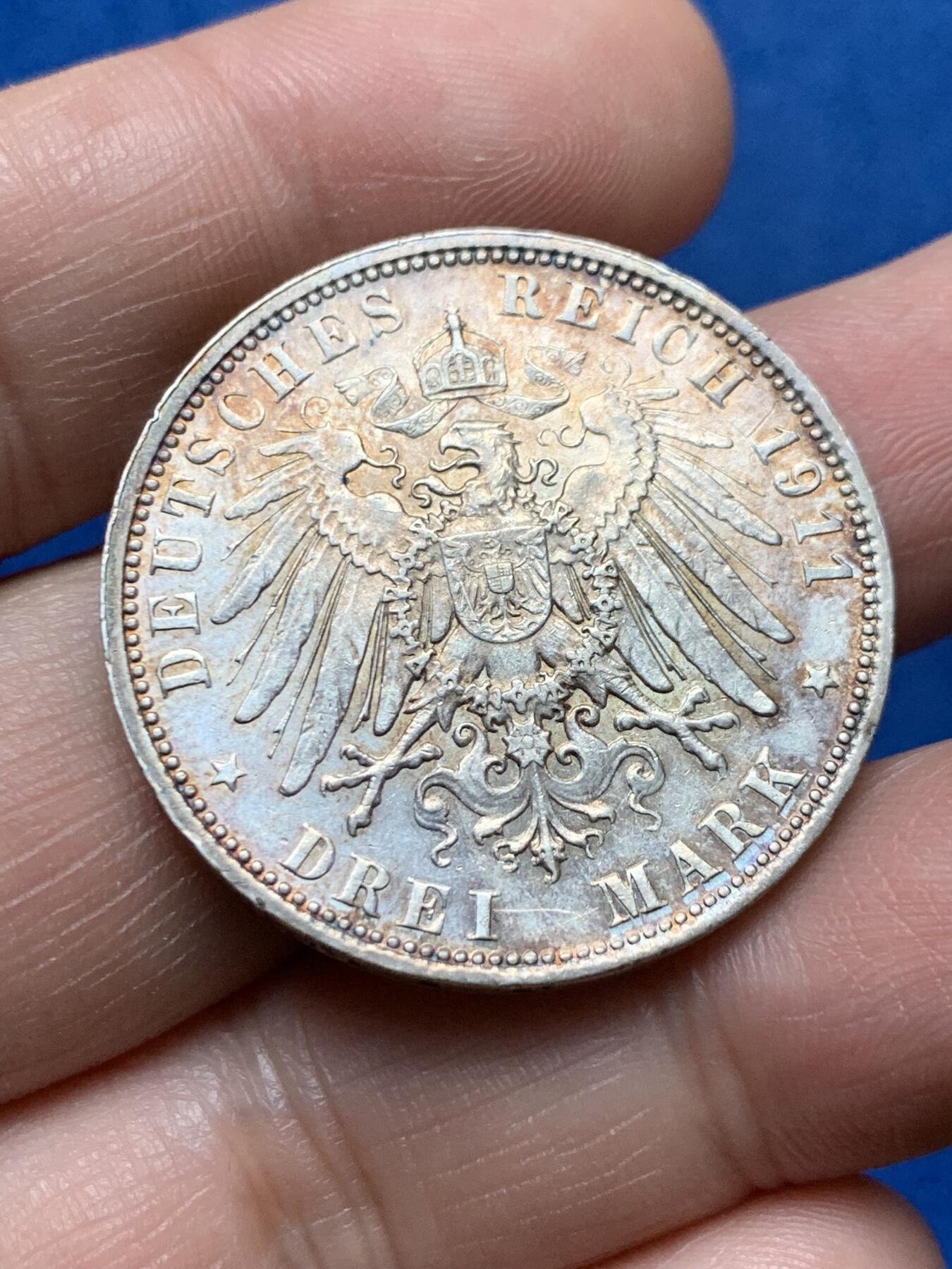 《竞宝斋》第377场 周日，周一 2场连拍 （全场包邮） 德国1911年巴伐利亚摄政王90周年3马克银币