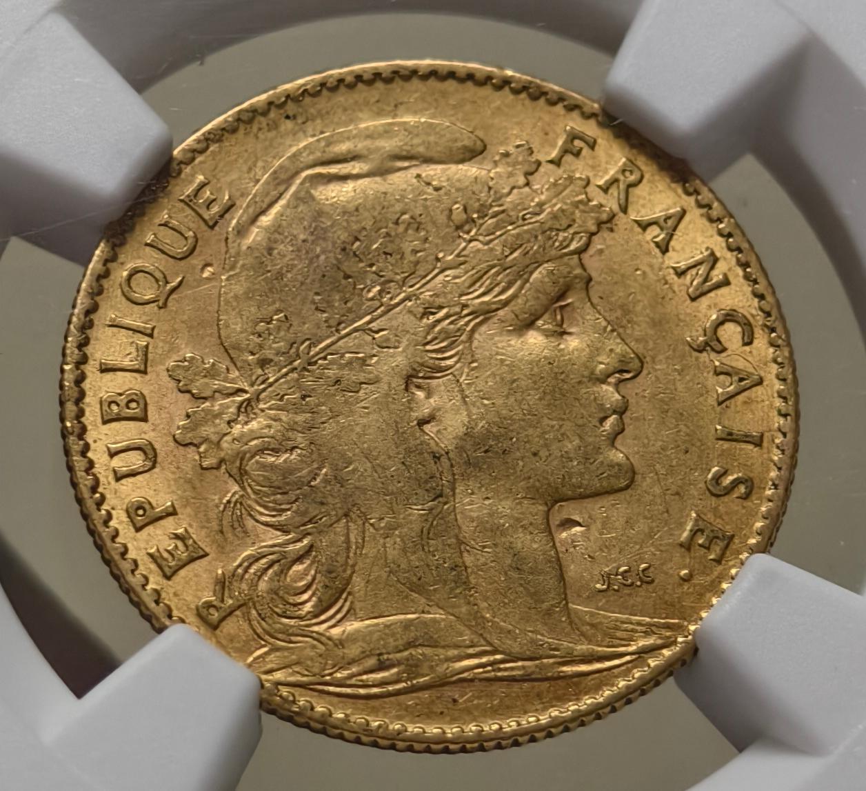 紫瑗钱币——第540期 法国 1906年 玛丽安娜 公鸡 10法郎 3.2258克 0.9金 NGC AU55