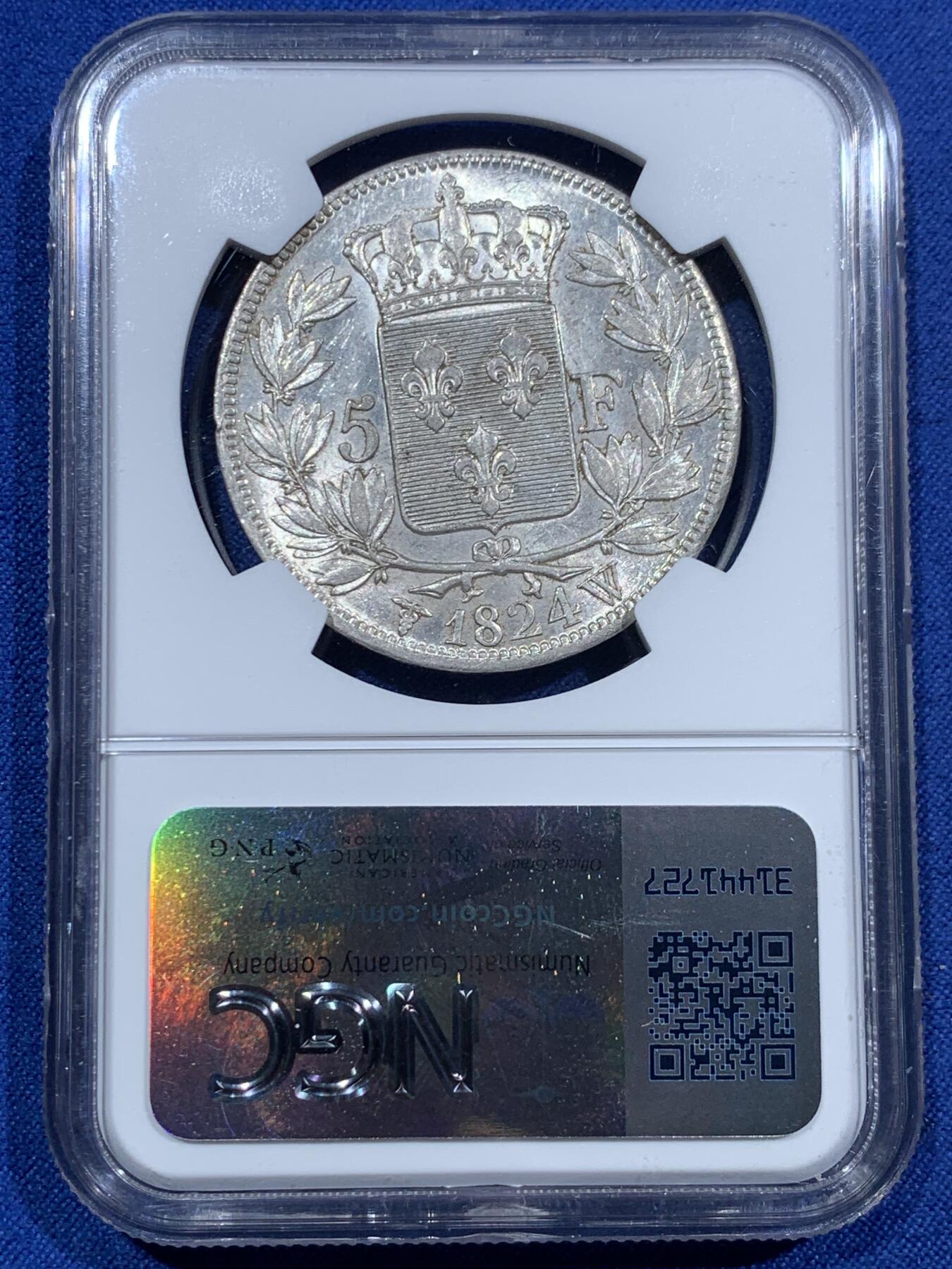 《竞宝斋》第377场 周日，周一 2场连拍 （全场包邮） NGC AU58 法国1824年W厂路易十八5法郎大银  原光未流通状态