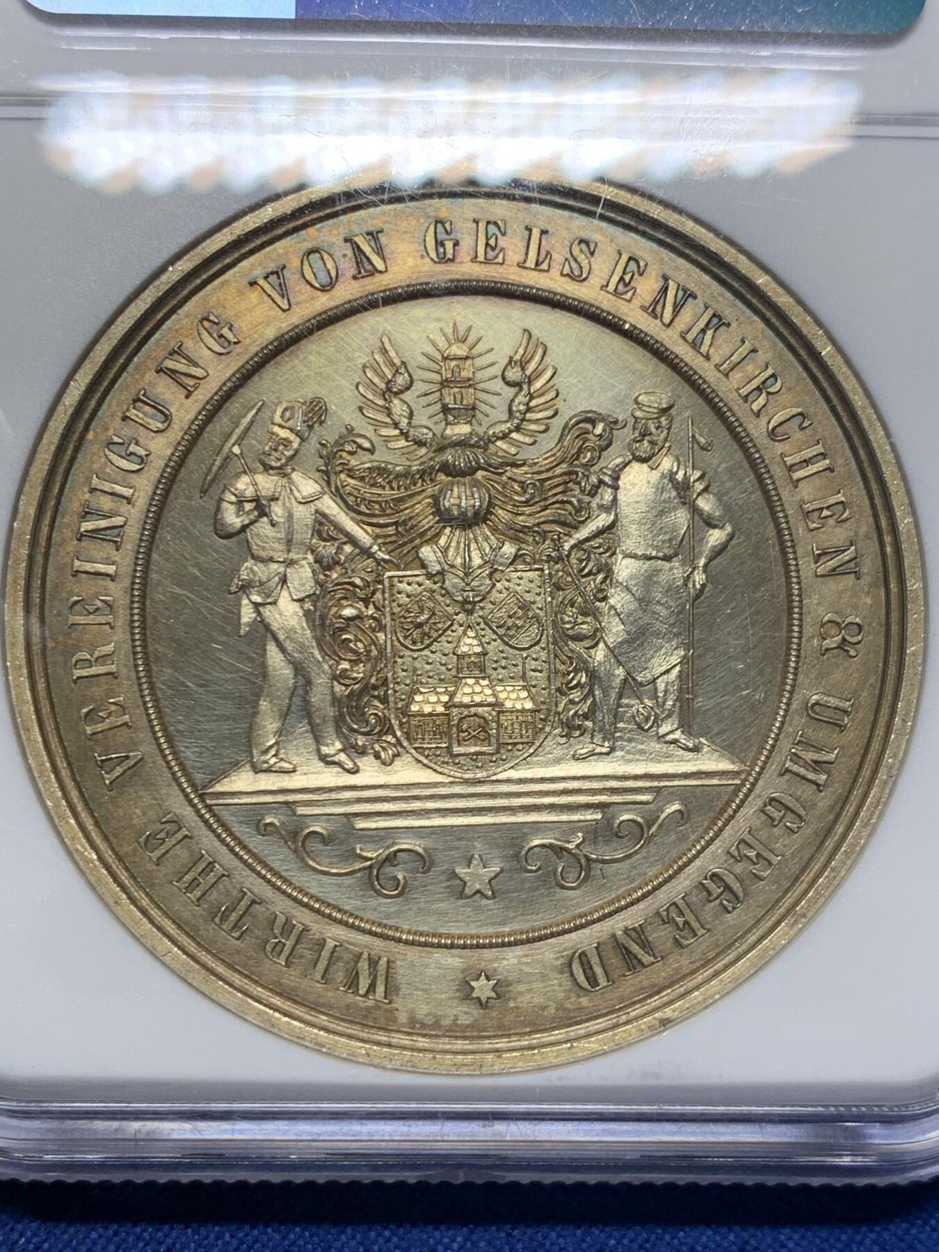 《竞宝斋》第377场 周日，周一 2场连拍 （全场包邮） NGC UNC 德国1900年盖尔森基兴采矿与金属加工协会纪念镀金银章