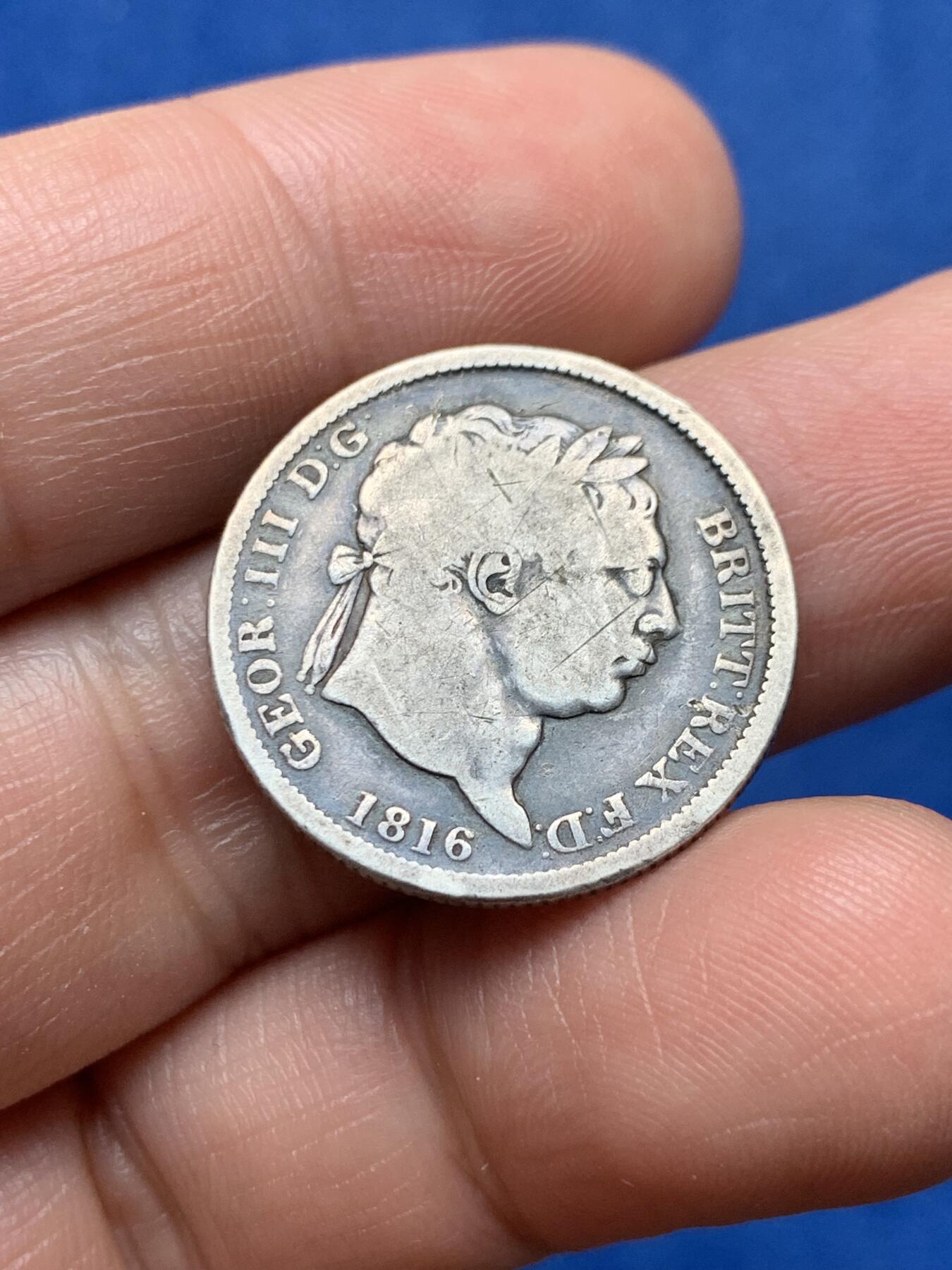 《竞宝斋》第377场 周日，周一 2场连拍 （全场包邮） 英国1816年乔治三世牛头1先令银币 5.25克