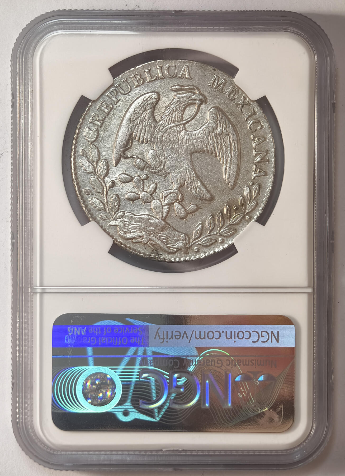 紫瑗钱币——第545期 墨西哥 1863年 MO TH 在华流通 花边鹰洋 8里亚尔 银币 NGC AU DETAILS