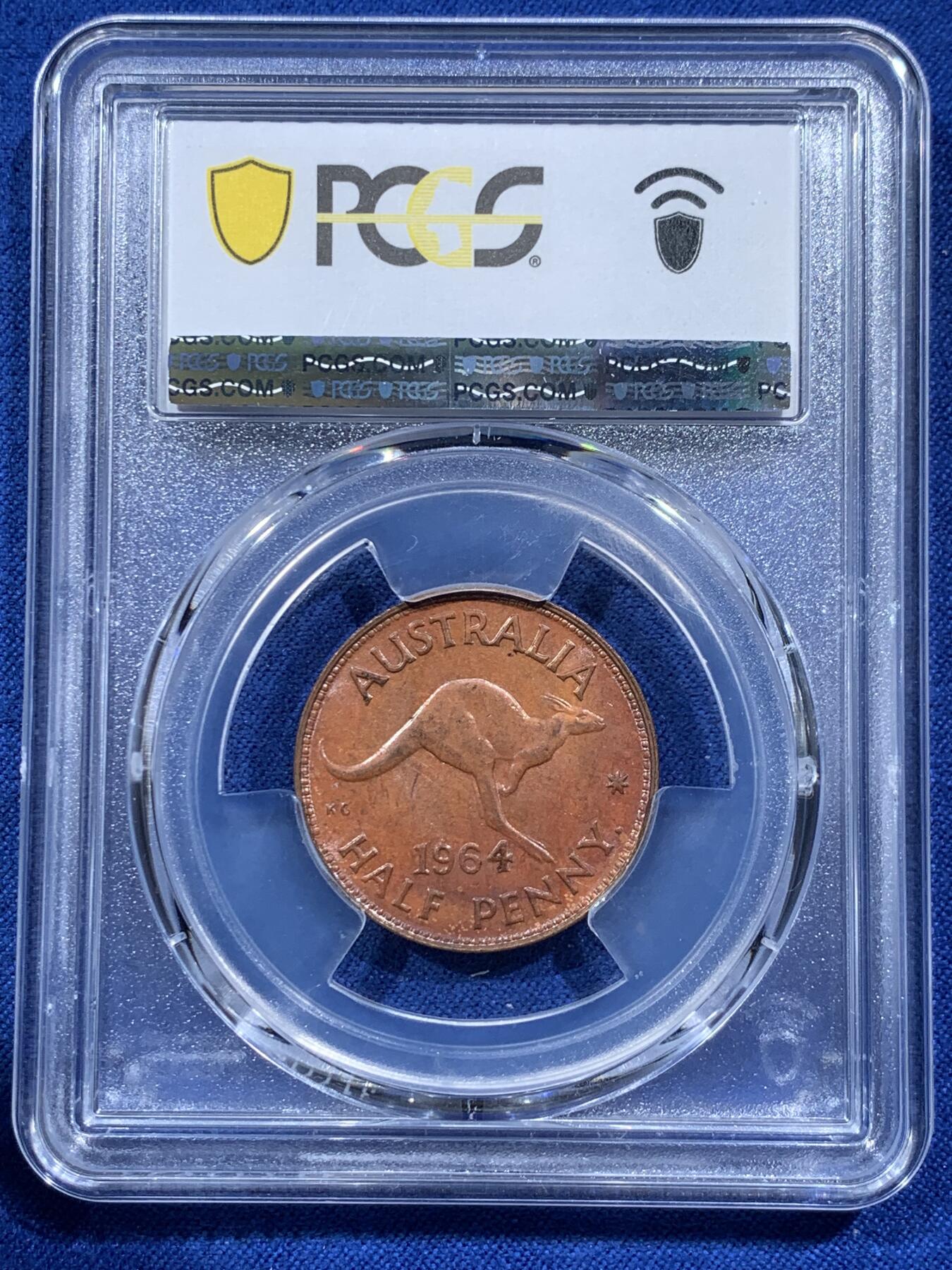 《竞宝斋》第377场 周日，周一 2场连拍 （全场包邮） 两枚一组 PCGS MS62BN/UNCD 澳大利亚1964半便士+1963一便士 袋鼠铜币 深打美品 严评状态