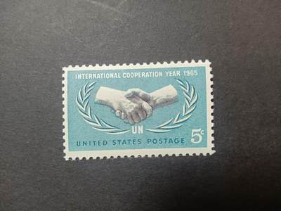 0拍押金0邮     美国上世纪60年代单枚套票 1965.6.26 ，国际合作年、联合国20周年，纪念邮票，单枚成套，全新