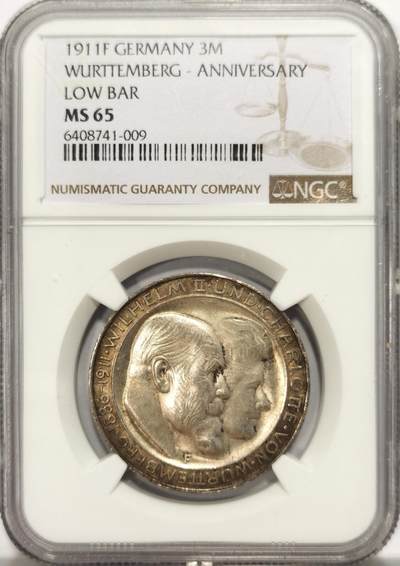 博洋堂世界钱币拍卖第121期（全场包邮） - NGC MS65 德国符腾堡1911年银婚纪念3马克银币，高分好品