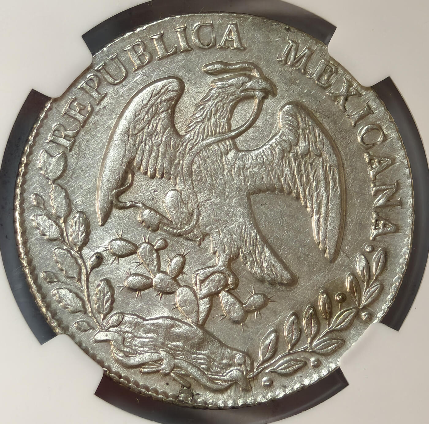 紫瑗钱币——第545期 墨西哥 1863年 MO TH 在华流通 花边鹰洋 8里亚尔 银币 NGC AU DETAILS