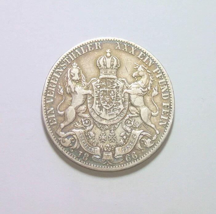 【银】德国汉诺威1866年 乔治五世狮马1泰勒银币 极美品