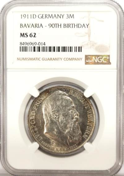 博洋堂世界钱币拍卖第121期（全场包邮） - NGC MS62 德国巴伐利亚1911年利奥波德3马克银币