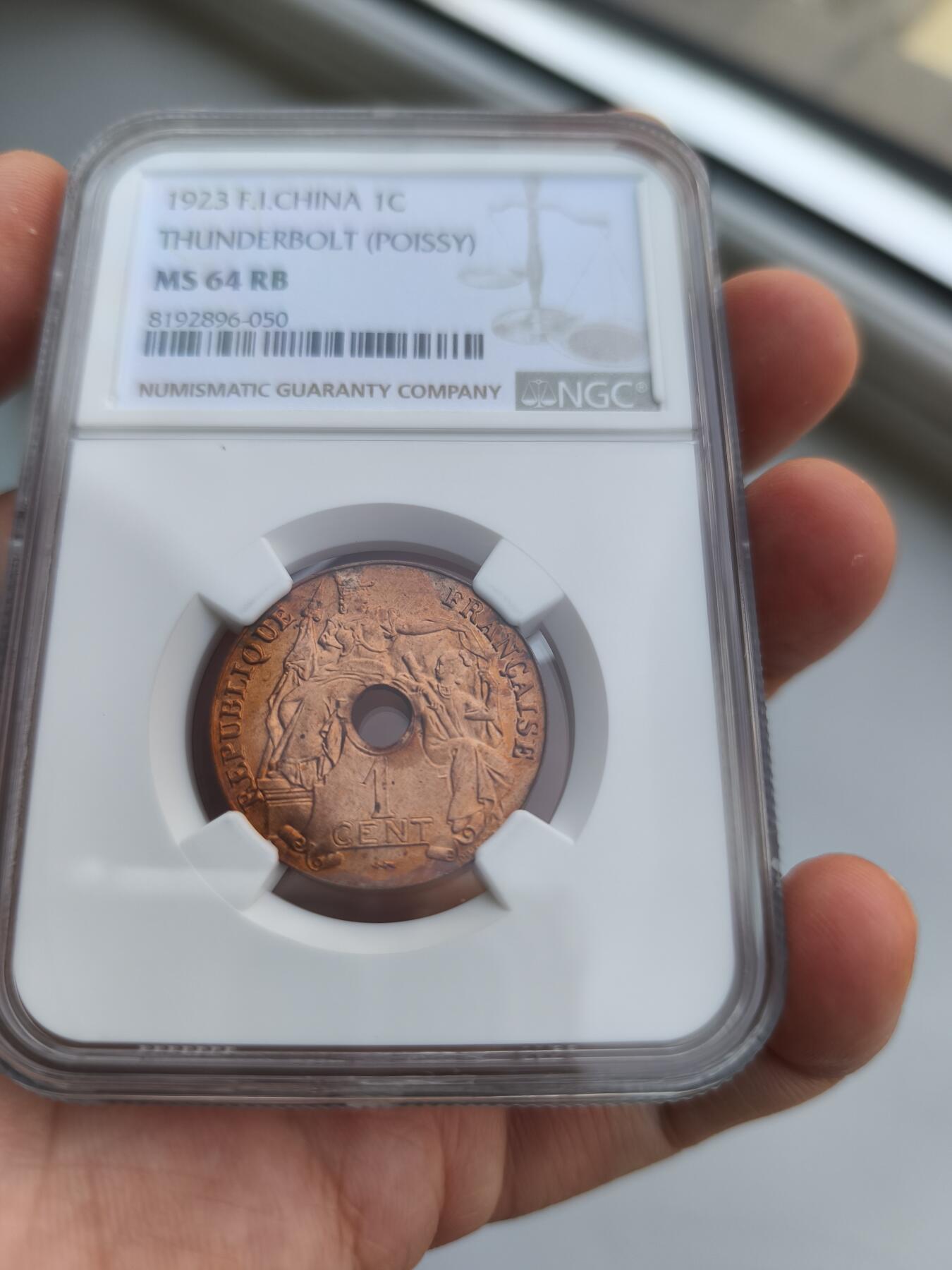 海外回流精品拍卖9.7 NGC MS64RB 1923年法属印度支那闪电版百分之一铜币