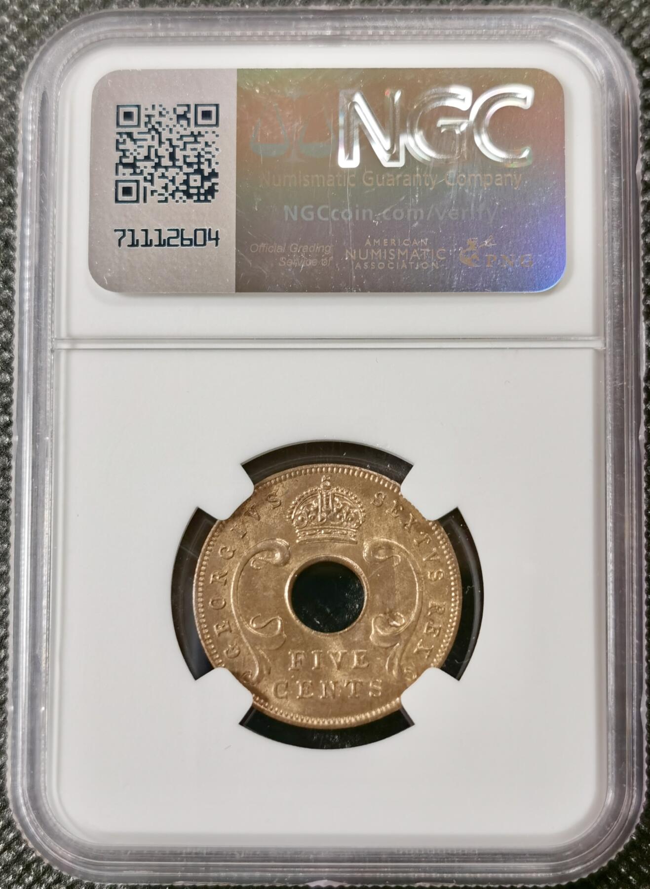  甄臻铺-世界币章拍卖（第15期）套币，现代银币专场。送拍享返佣金等优惠多多 NGC-MS64 英属东非 1952 5分 状态不错