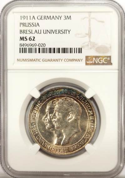 博洋堂世界钱币拍卖第121期（全场包邮） - NGC MS62 德国普鲁士1911年布雷斯劳大学纪念3马克银币