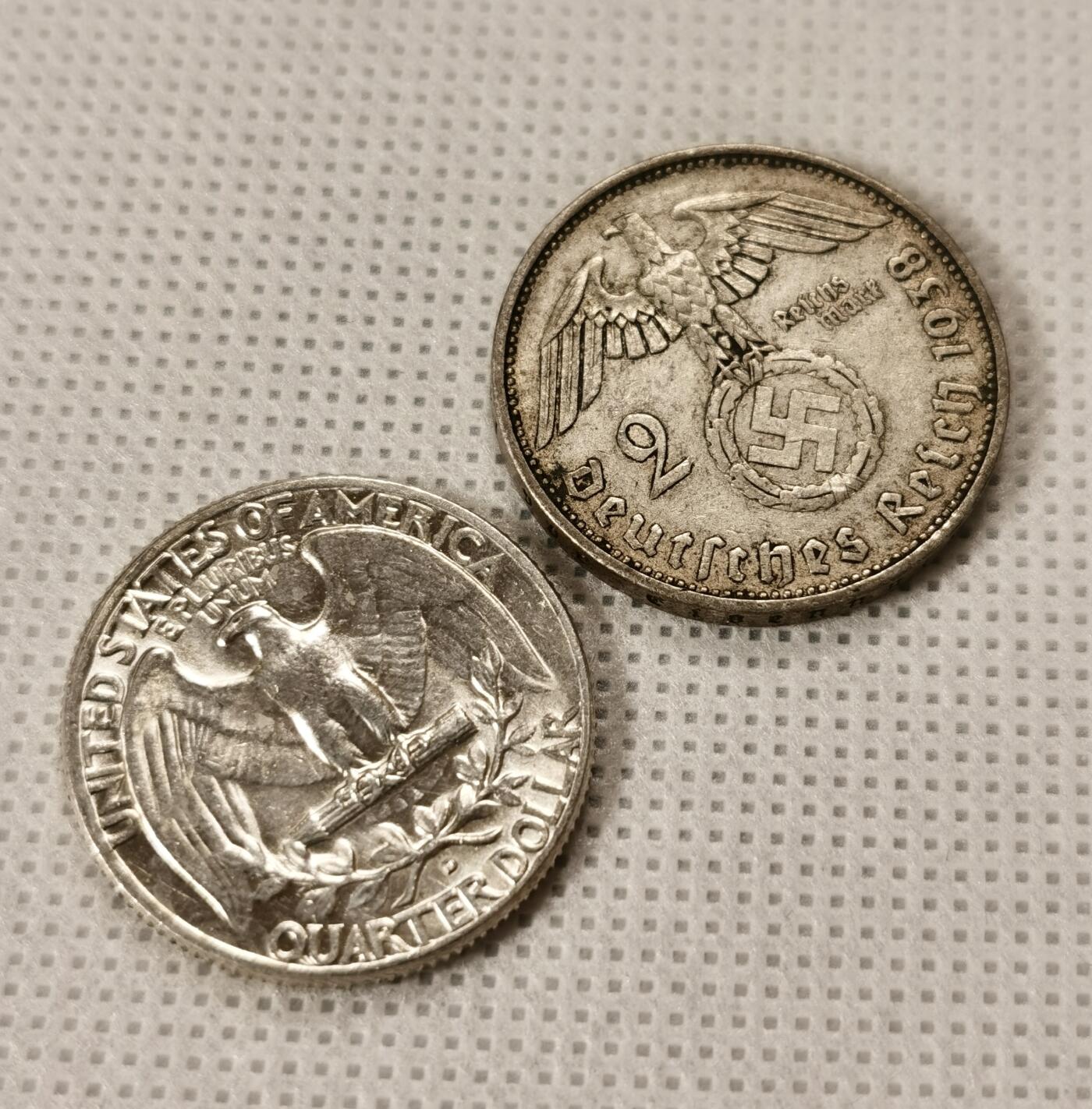  甄臻铺-世界币章拍卖（第15期）套币，现代银币专场。送拍享返佣金等优惠多多 兴登堡带字2马克银币
1964年华盛顿25美分银币 UNC品相