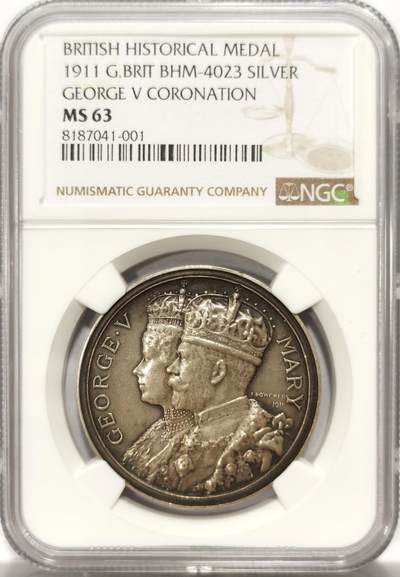 博洋堂世界钱币拍卖第121期（全场包邮） - NGC MS63 英国1911年乔治五世加冕纪念银章，高浮雕磨砂工艺，少见品