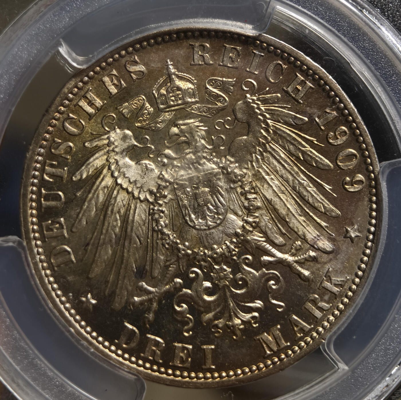 紫瑗钱币——第545期 德国 巴登大公国 1909年 G版 腓特烈二世(弗里德里希二世) 3马克 PCGS MS65 黄油包浆 盒子小磕碰，不影响气密性