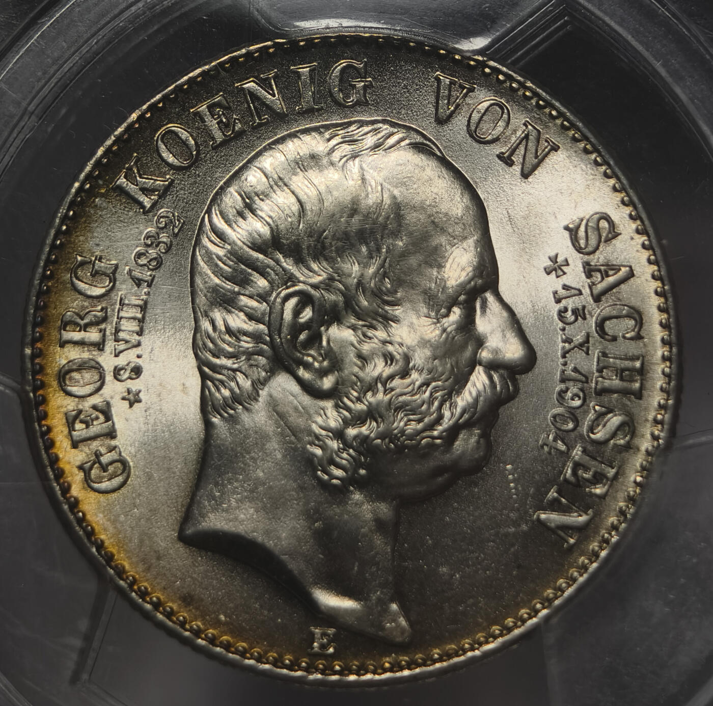 紫瑗钱币——第545期 德国 萨克森王国 1904年 E版 乔治国王逝世2马克银币 PCGS MS66 淡彩