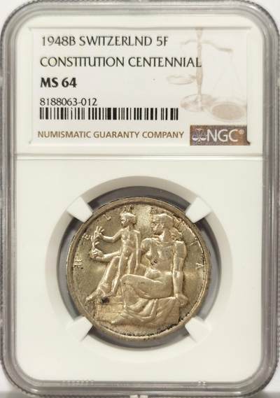 博洋堂世界钱币拍卖第121期（全场包邮） - NGC MS64 瑞士1948年宪法百年5法郎银币，BU转光，淡彩润泽。