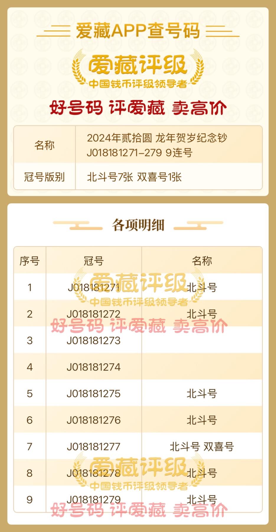 2024龙年贺岁纪念钞【J018181271-279 】9连号、靓号018181倒置开头、北斗号7张 、双喜号1张。按图号发货！