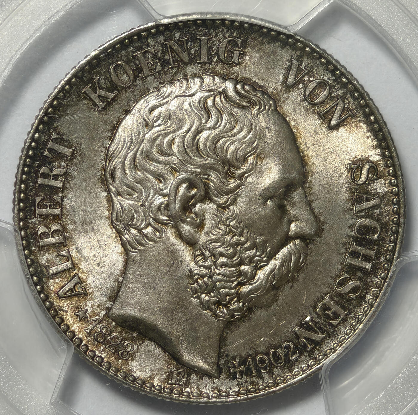 紫瑗钱币——第545期 德国 萨克森王国 1902年 E版 乔治国王 2马克银币 PCGS MS66 淡彩