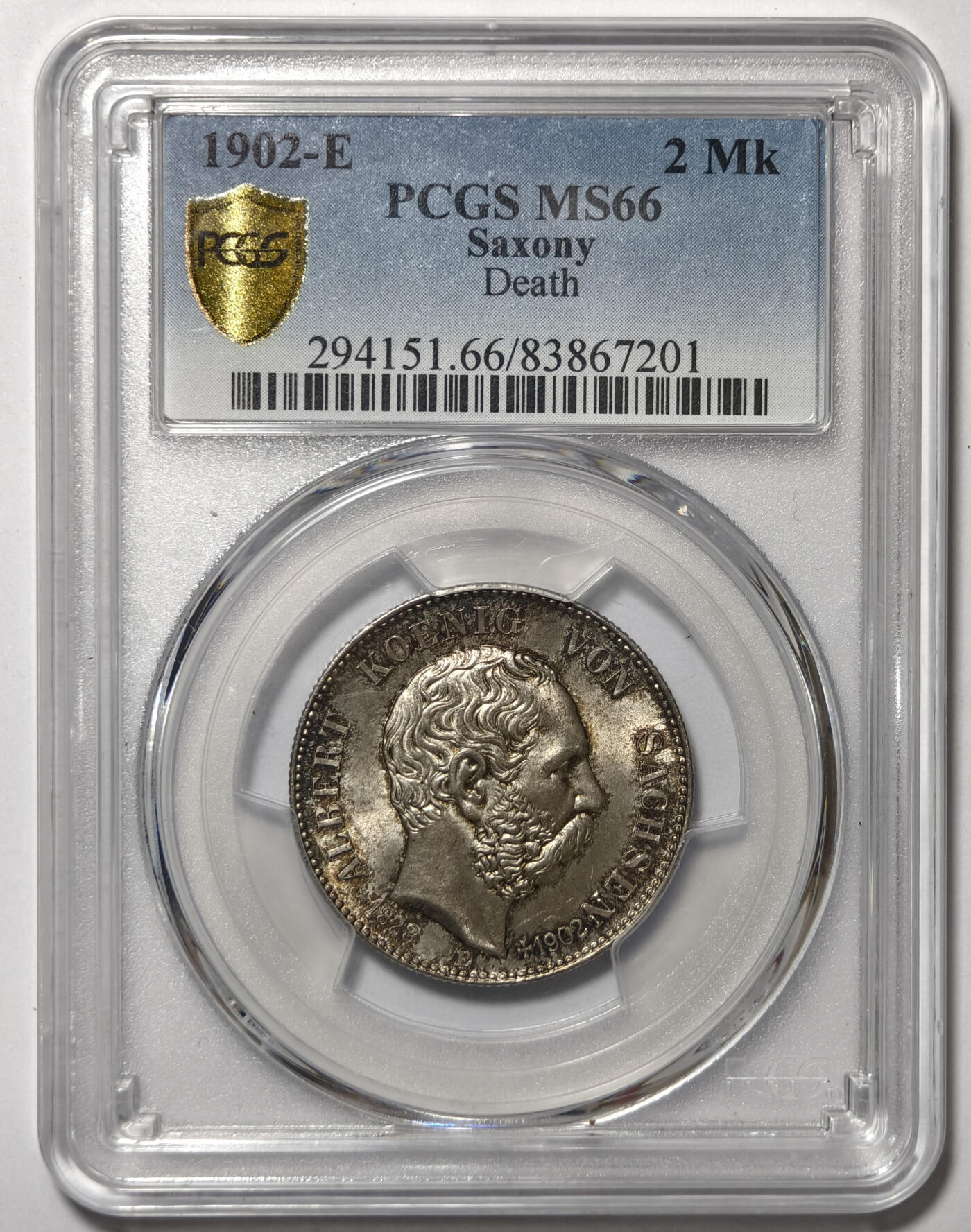 紫瑗钱币——第545期 德国 萨克森王国 1902年 E版 乔治国王 2马克银币 PCGS MS66 淡彩