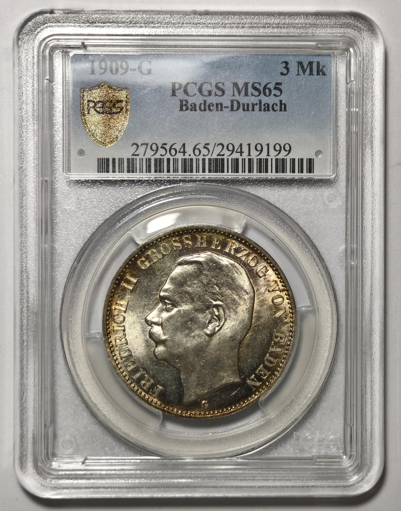 紫瑗钱币——第545期 德国 巴登大公国 1909年 G版 腓特烈二世(弗里德里希二世) 3马克 PCGS MS65 黄油包浆 盒子小磕碰，不影响气密性